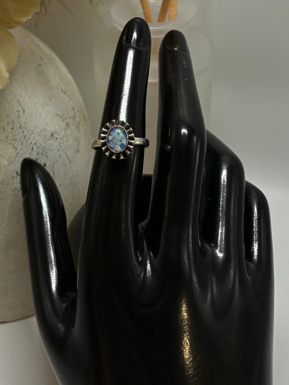 Vintage Crushed Mosaic Blue Fire Opal 925 Sterling Silver Sunburst Ring Size 6